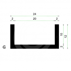 Rubber U Profile  | inside size 20 mm | height 12 mm | thickness 2 mm | Per Meter